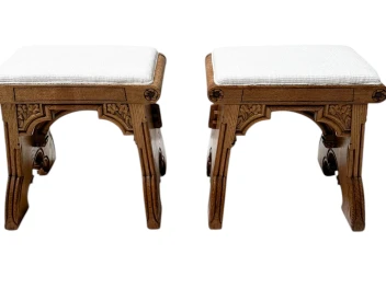 Arts & Crafts Hand-Carved Oak Stools with Boucle Upholstery, 1900s